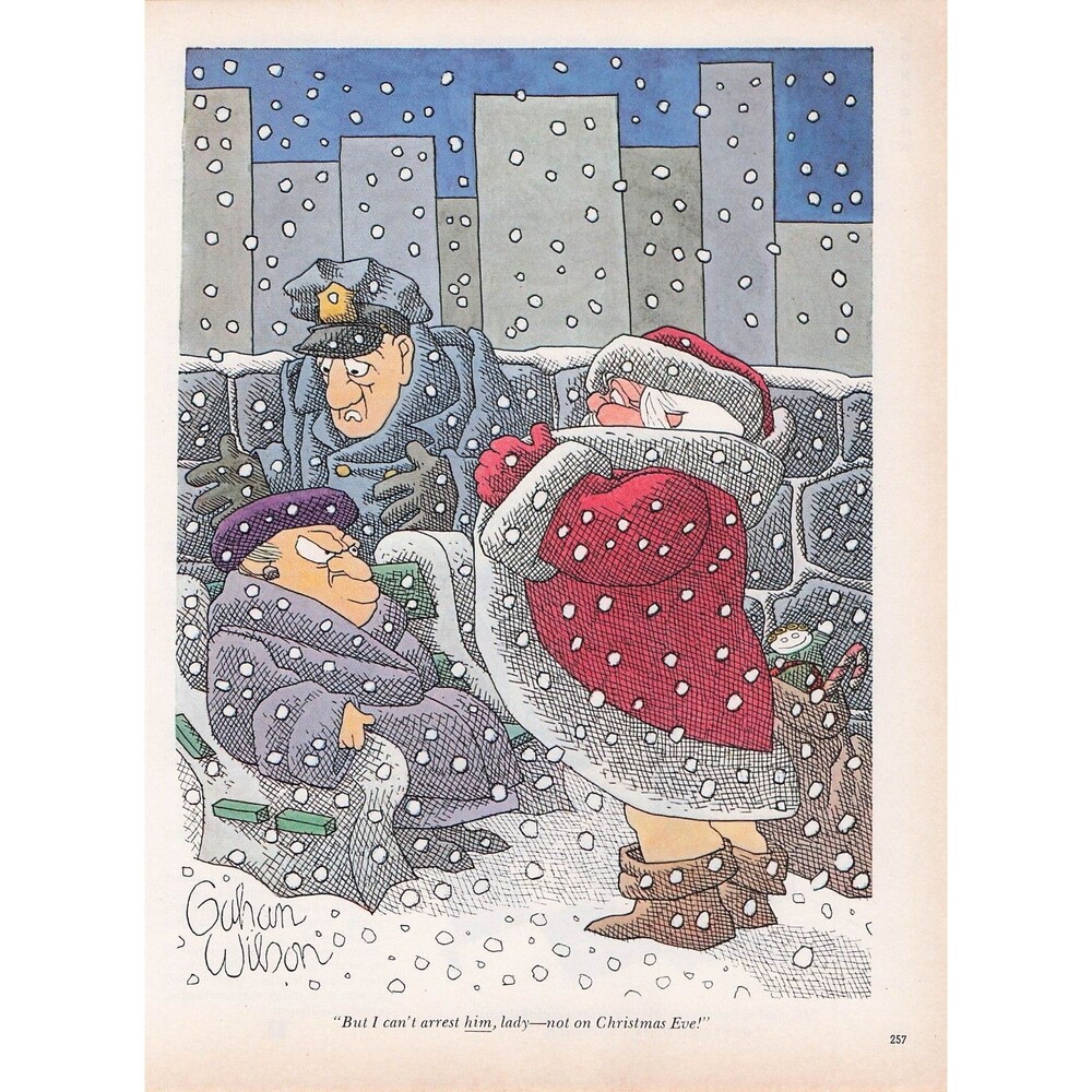 Vintage Santa Christmas Eve Cartoon Art funny humor Gahan Wilson Snowing Cop